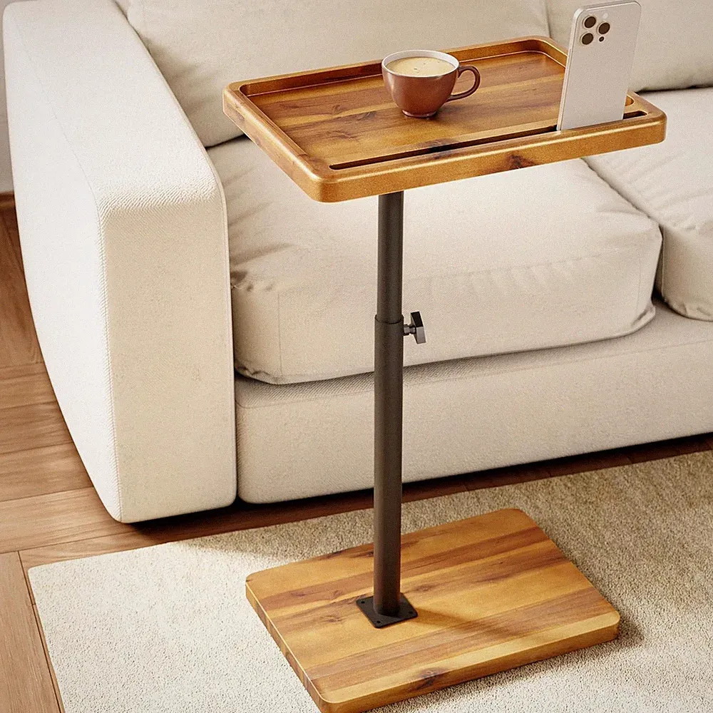 Acacia Wood Adjustable C-Shaped Couch Table – 360° Swivel Side Table for Sofa...