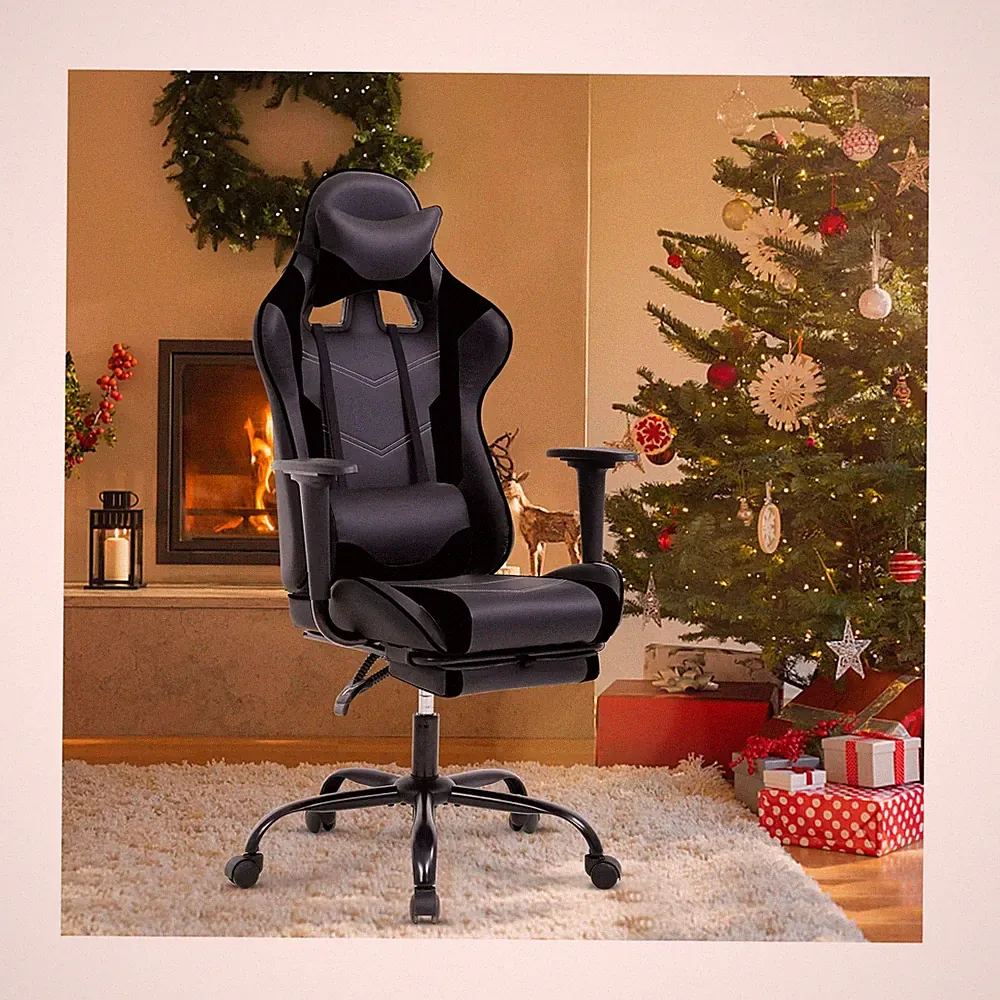 Ergonomic Gaming Chair, PU Leather Gaming Chair with Footrest Headrest, Racin...