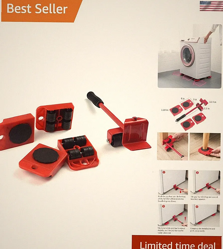 Heavy Furniture Moving Tool Set - Includes 5 Lifter Tools & 360° Rotatable Pads