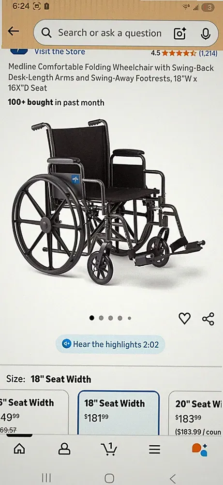 Medline Comfortable Folding Wheelchair with Swing-Back Desk-Length Arms