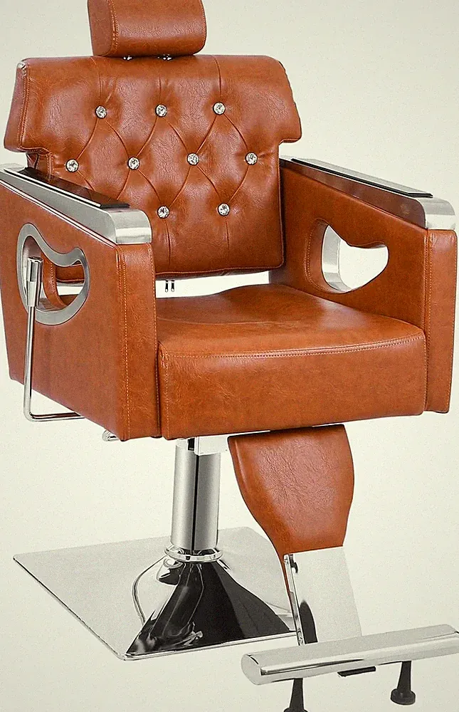 Salon Vintage Brown Leather Barber Chair - Adjustable Headrest, Locking Swivel